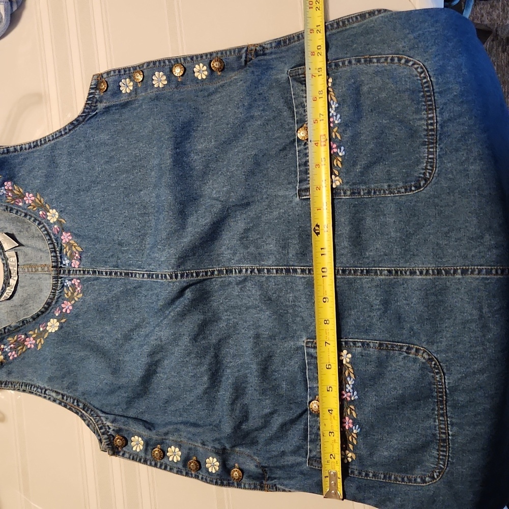 Jane Ashley Womens Vintage Denim Dress M Maxi w Floral Embridered Neck Pockets - Picture 8 of 12